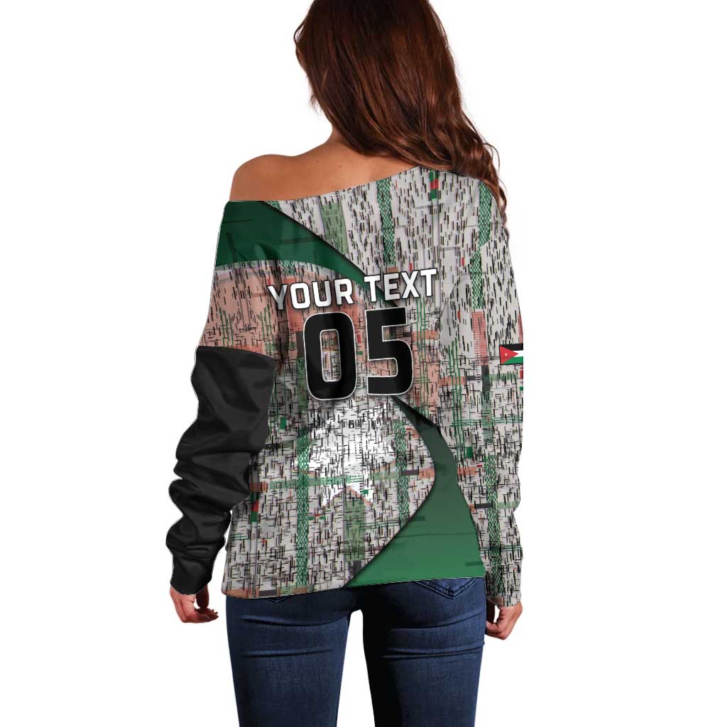 Custom Jordan Football Off Shoulder Sweater Jordanian National Flag Colors Retro Glitch Art