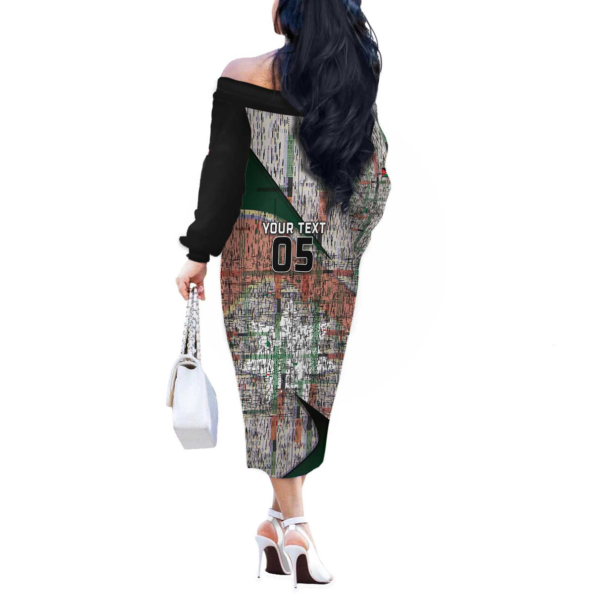 Custom Jordan Football Off The Shoulder Long Sleeve Dress Jordanian National Flag Colors Retro Glitch Art