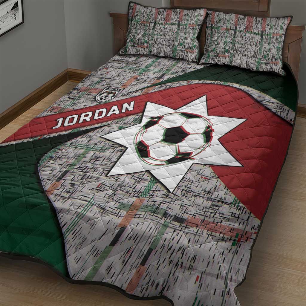 Jordan Football Quilt Bed Set Jordanian National Flag Colors Retro Glitch Art