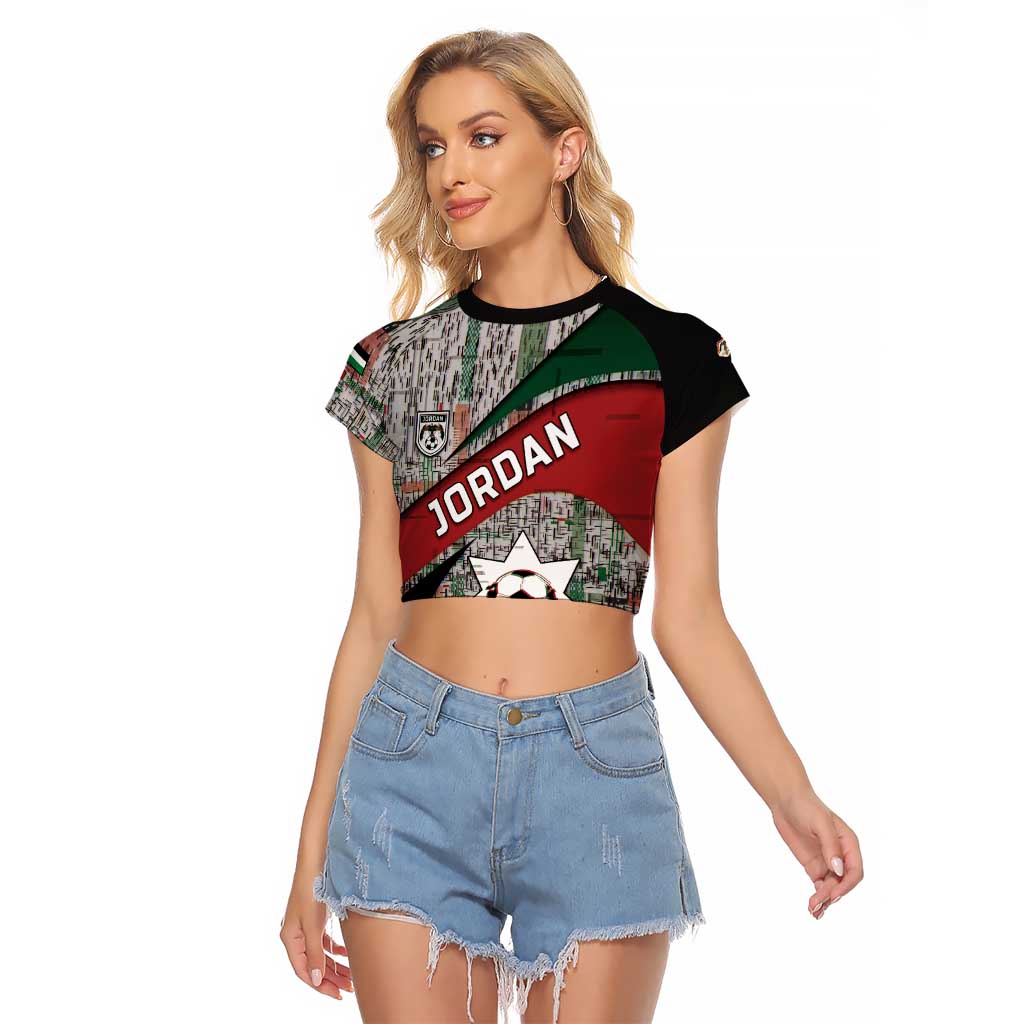 Custom Jordan Football Raglan Cropped T Shirt Jordanian National Flag Colors Retro Glitch Art