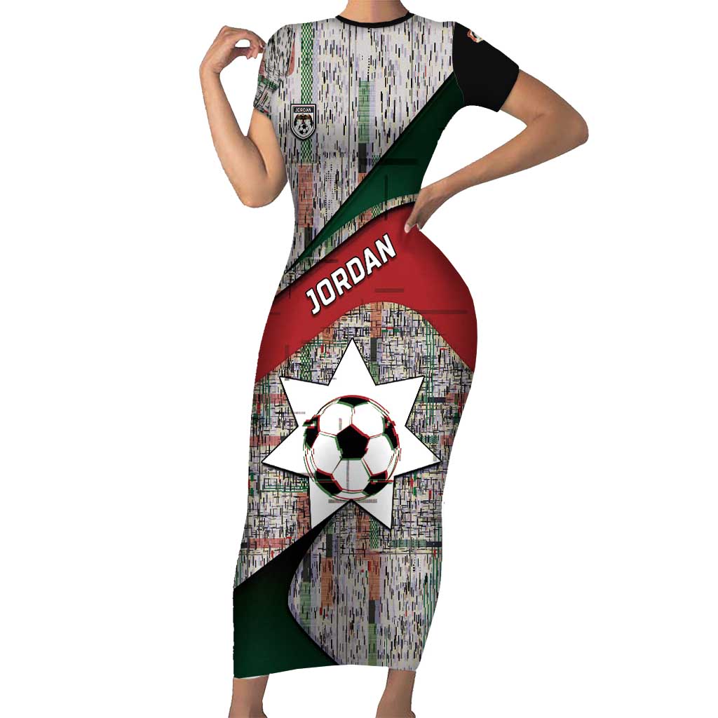 Custom Jordan Football Short Sleeve Bodycon Dress Jordanian National Flag Colors Retro Glitch Art