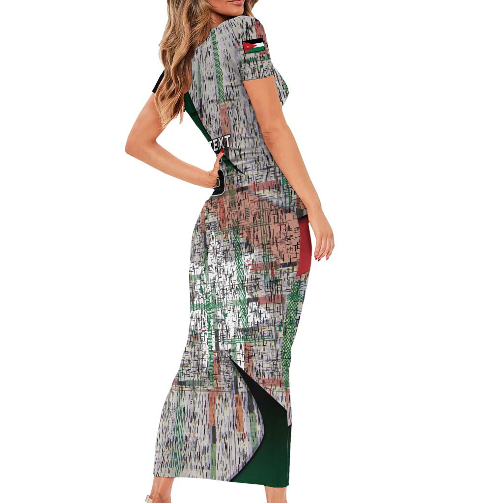 Custom Jordan Football Short Sleeve Bodycon Dress Jordanian National Flag Colors Retro Glitch Art