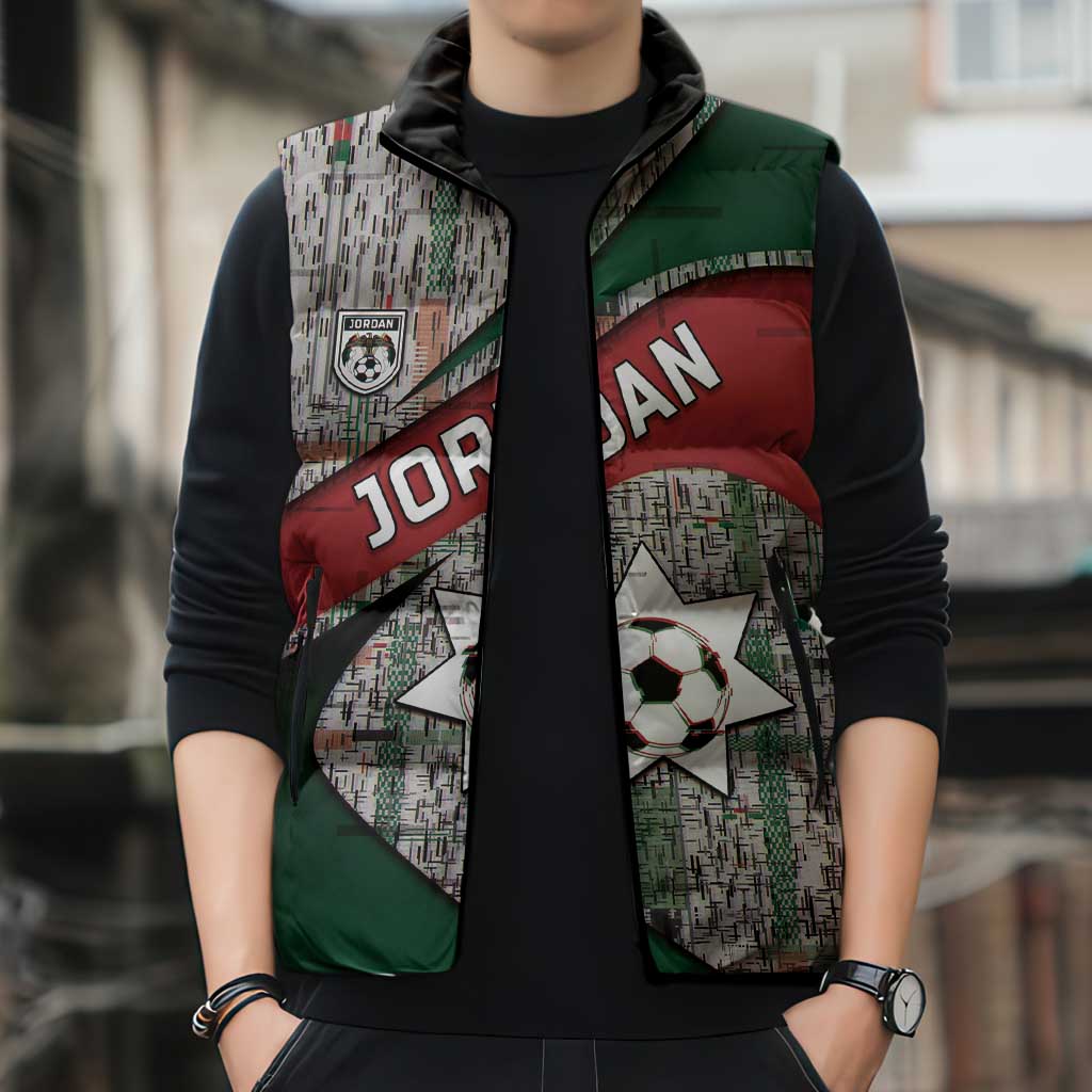 Custom Jordan Football Sleeveless Puffer Jacket Jordanian National Flag Colors Retro Glitch Art