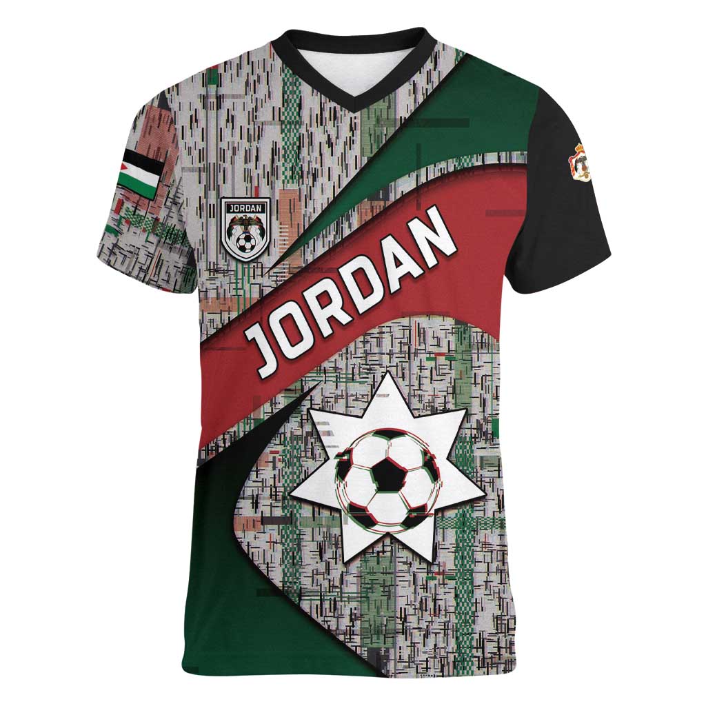 Custom Jordan Football Women V-Neck T-Shirt Jordanian National Flag Colors Retro Glitch Art