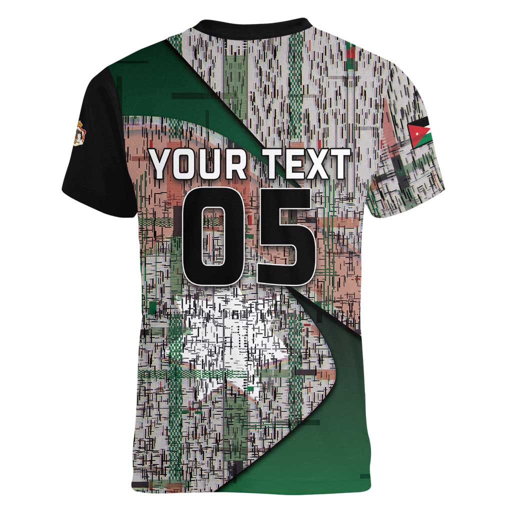 Custom Jordan Football Women V-Neck T-Shirt Jordanian National Flag Colors Retro Glitch Art