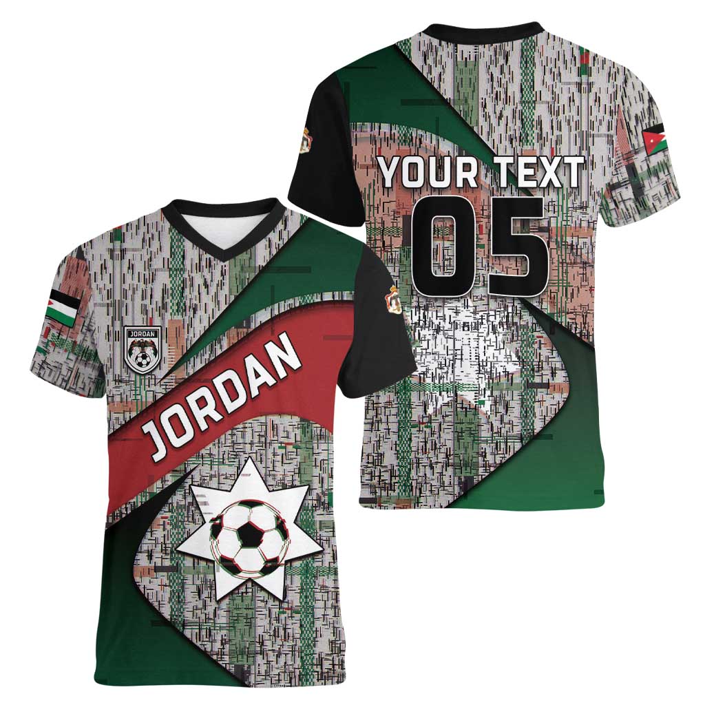 Custom Jordan Football Women V-Neck T-Shirt Jordanian National Flag Colors Retro Glitch Art