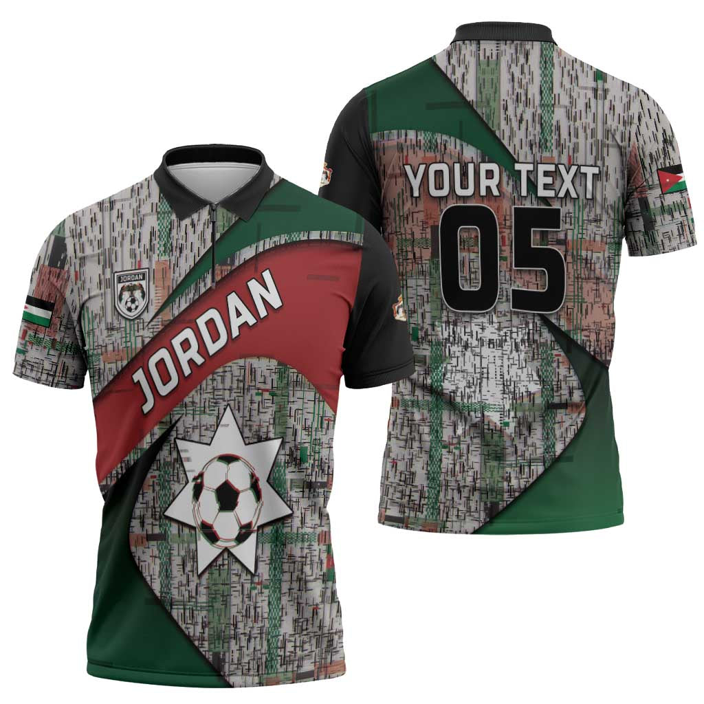 Custom Jordan Football Zipper Polo Shirt Jordanian National Flag Colors Retro Glitch Art