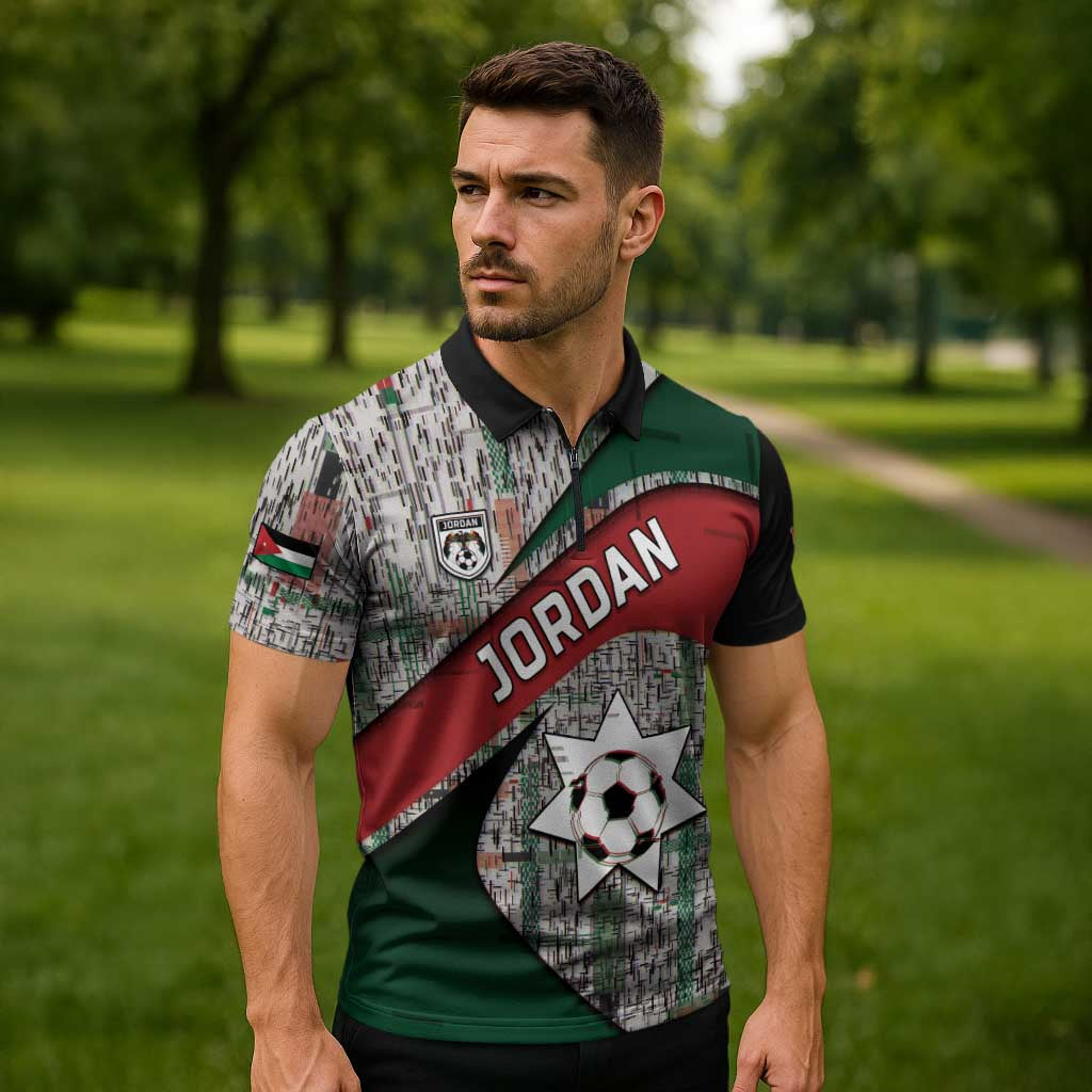Custom Jordan Football Zipper Polo Shirt Jordanian National Flag Colors Retro Glitch Art