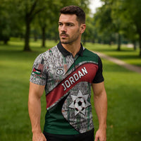 Custom Jordan Football Zipper Polo Shirt Jordanian National Flag Colors Retro Glitch Art