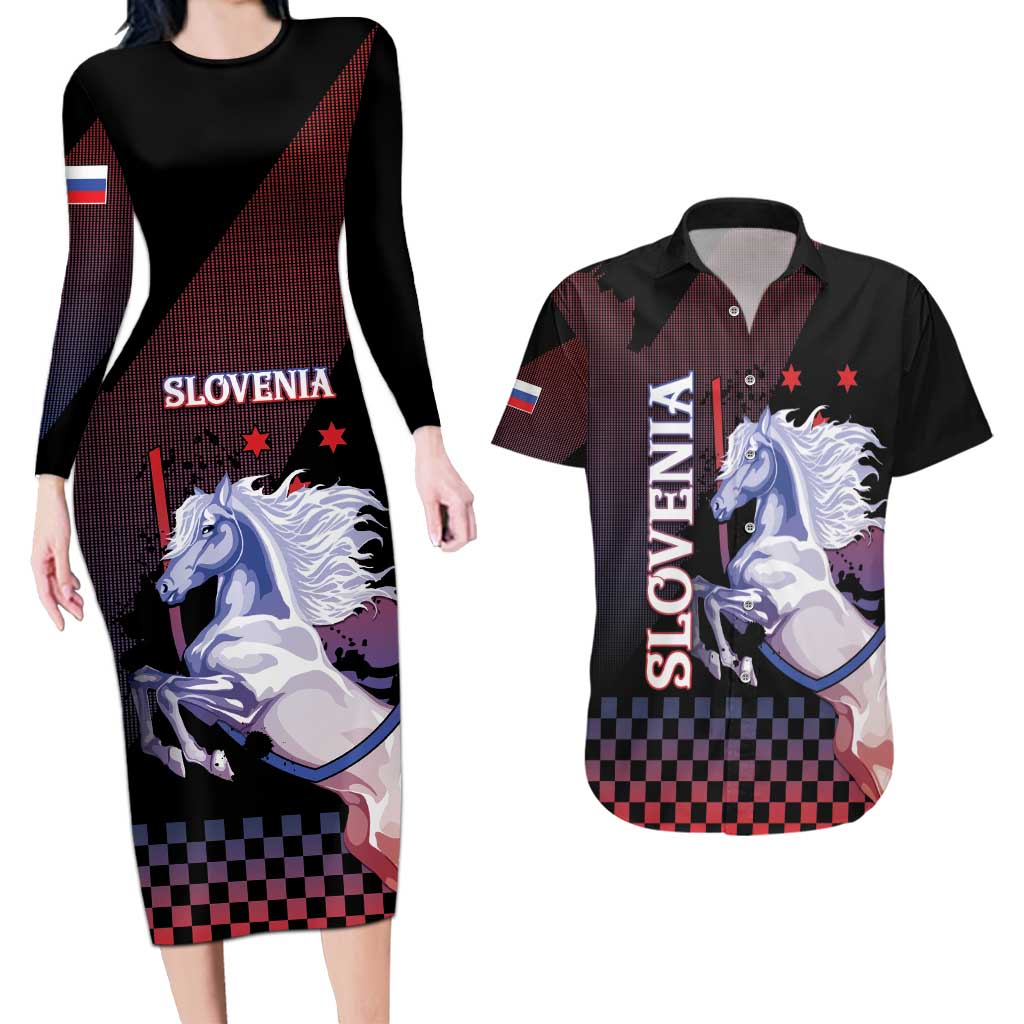 Personalized Slovenia Couples Matching Long Sleeve Bodycon Dress and Hawaiian Shirt The Lipizzaner Horse - Wonder Print Shop