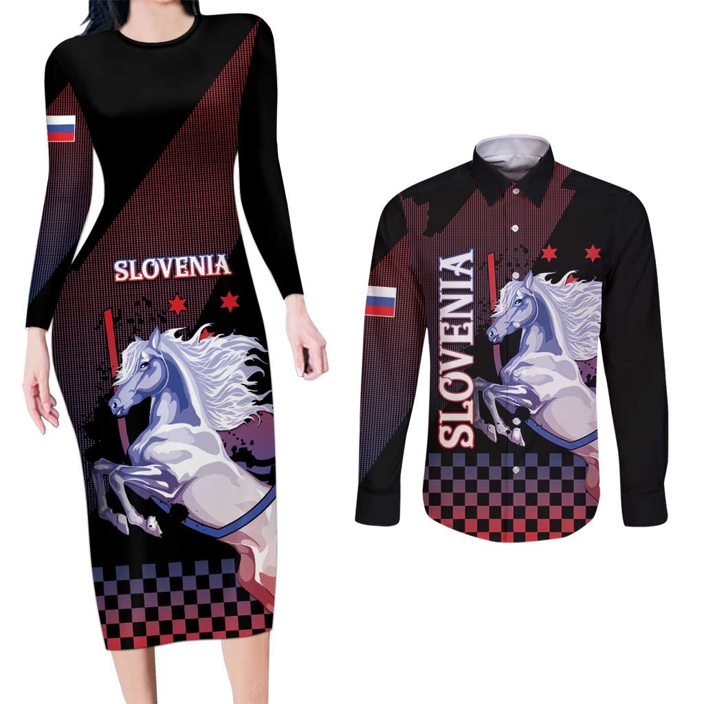 Personalized Slovenia Couples Matching Long Sleeve Bodycon Dress and Long Sleeve Button Shirt The Lipizzaner Horse - Wonder Print Shop