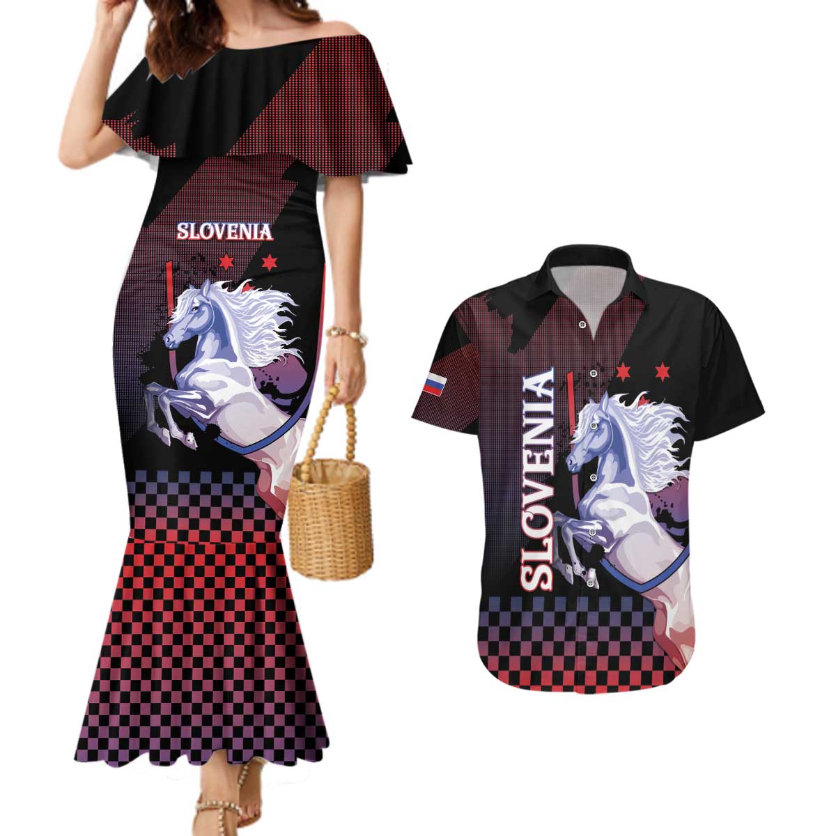 Personalized Slovenia Couples Matching Mermaid Dress and Hawaiian Shirt The Lipizzaner Horse - Wonder Print Shop