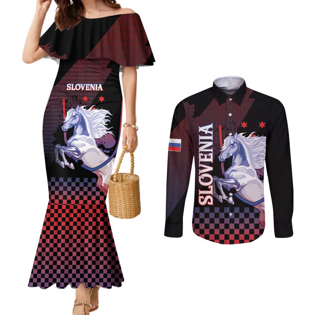 Personalized Slovenia Couples Matching Mermaid Dress and Long Sleeve Button Shirt The Lipizzaner Horse - Wonder Print Shop