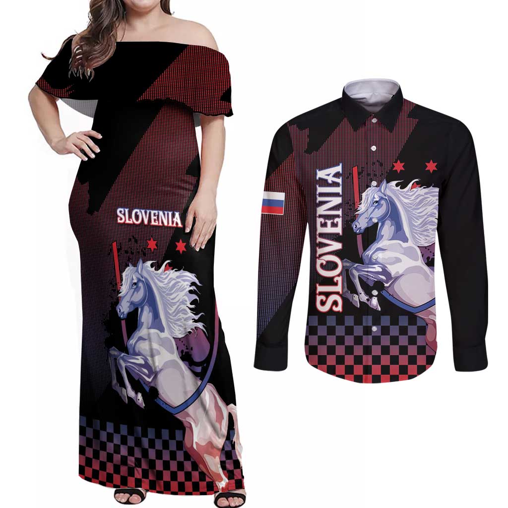 Personalized Slovenia Couples Matching Off Shoulder Maxi Dress and Long Sleeve Button Shirt The Lipizzaner Horse - Wonder Print Shop