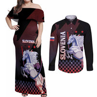 Personalized Slovenia Couples Matching Off Shoulder Maxi Dress and Long Sleeve Button Shirt The Lipizzaner Horse - Wonder Print Shop