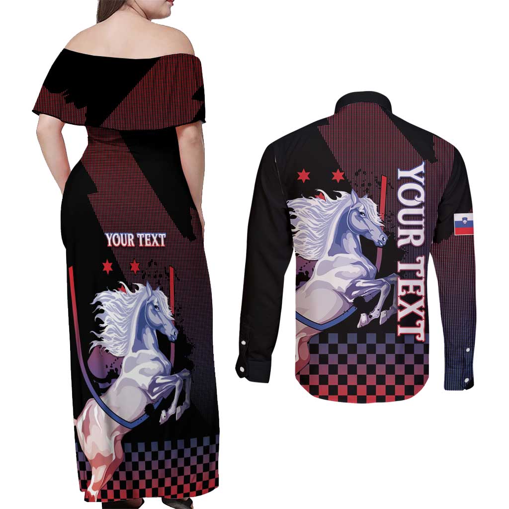 Personalized Slovenia Couples Matching Off Shoulder Maxi Dress and Long Sleeve Button Shirt The Lipizzaner Horse - Wonder Print Shop