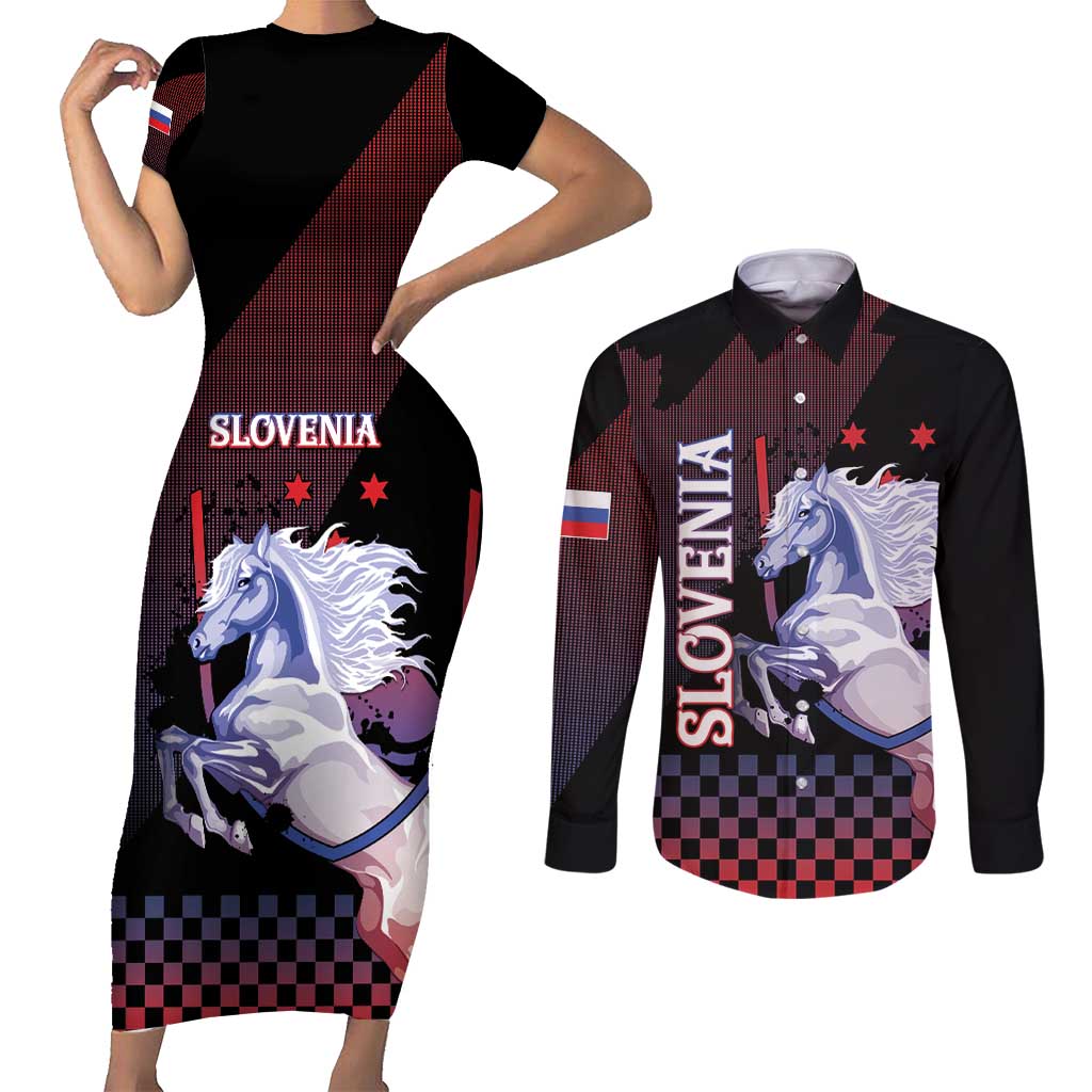Personalized Slovenia Couples Matching Short Sleeve Bodycon Dress and Long Sleeve Button Shirt The Lipizzaner Horse - Wonder Print Shop