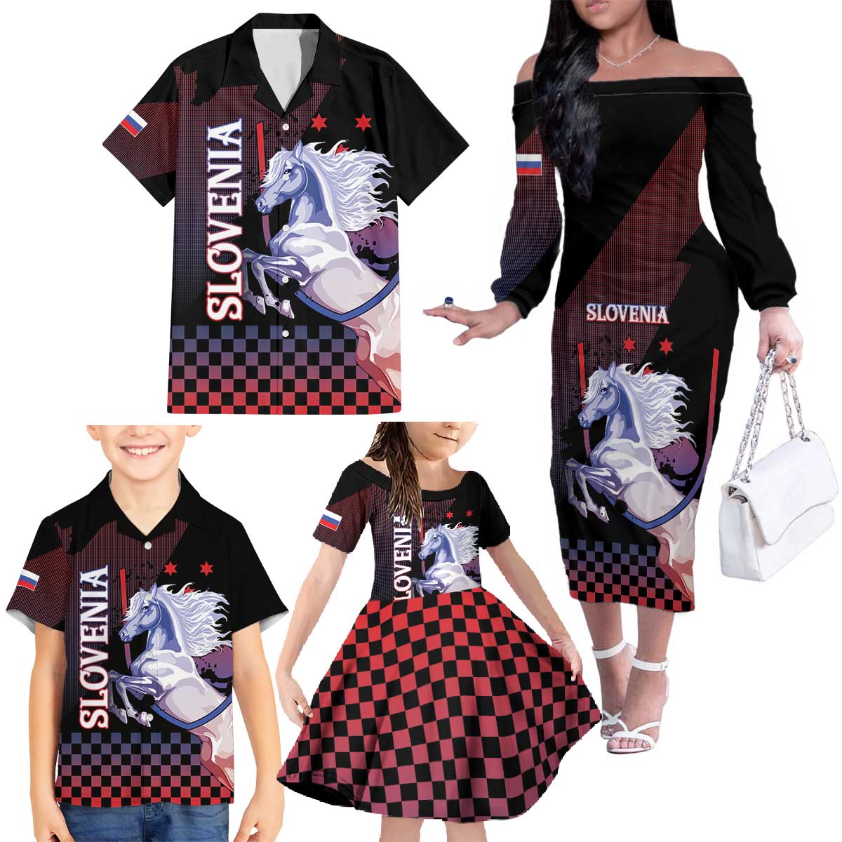 Personalized Slovenia Family Matching Off The Shoulder Long Sleeve Dress and Hawaiian Shirt The Lipizzaner Horse - Wonder Print Shop