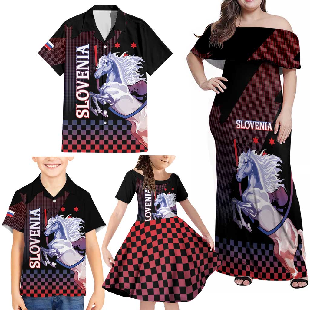 Personalized Slovenia Family Matching Off Shoulder Maxi Dress and Hawaiian Shirt The Lipizzaner Horse - Wonder Print Shop