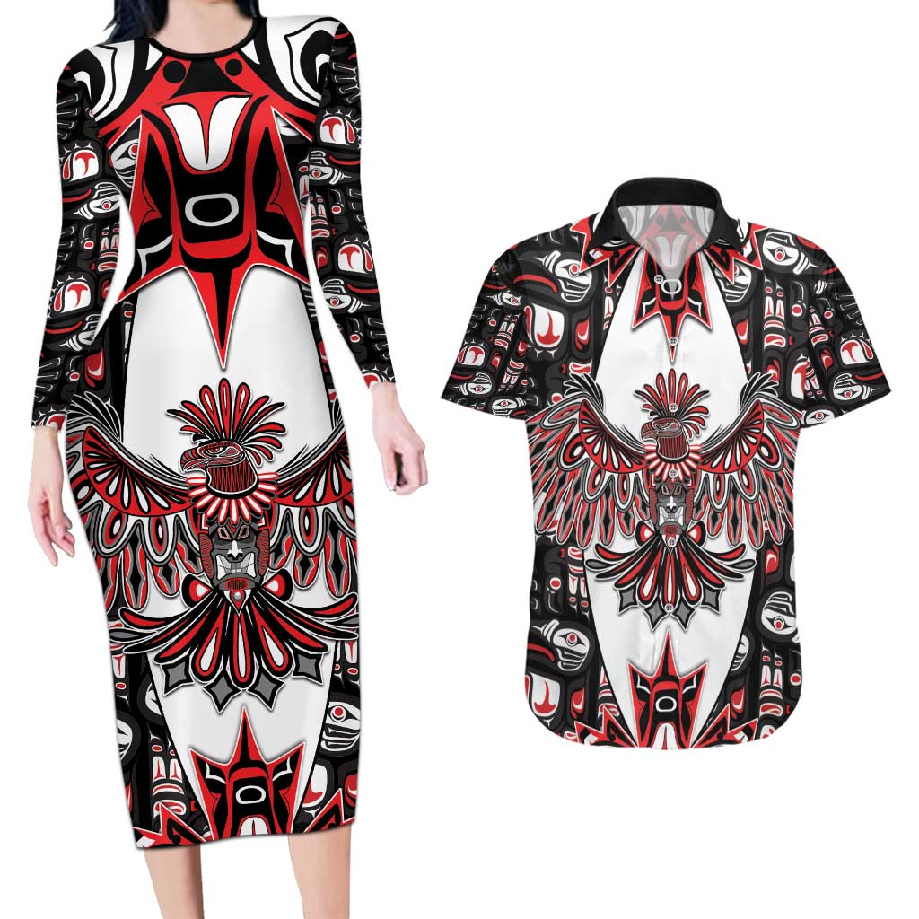 Canada Haida Couples Matching Long Sleeve Bodycon Dress and Hawaiian Shirt Thunderbird Northwest Coast Indigenous - Wonder Print Shop