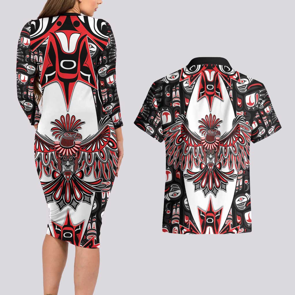Canada Haida Couples Matching Long Sleeve Bodycon Dress and Hawaiian Shirt Thunderbird Northwest Coast Indigenous - Wonder Print Shop