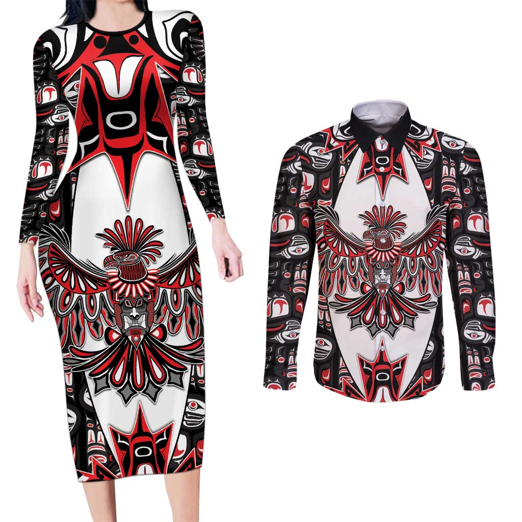 Canada Haida Couples Matching Long Sleeve Bodycon Dress and Long Sleeve Button Shirt Thunderbird Northwest Coast Indigenous - Wonder Print Shop