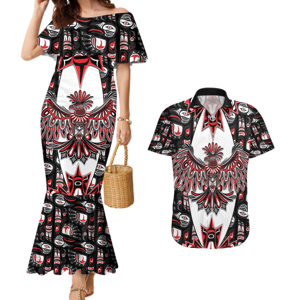 Canada Haida Couples Matching Mermaid Dress and Hawaiian Shirt Thunderbird Northwest Coast Indigenous - Wonder Print Shop