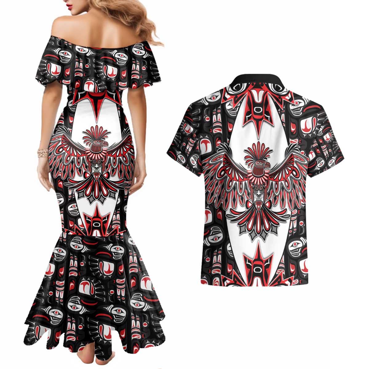 Canada Haida Couples Matching Mermaid Dress and Hawaiian Shirt Thunderbird Northwest Coast Indigenous - Wonder Print Shop
