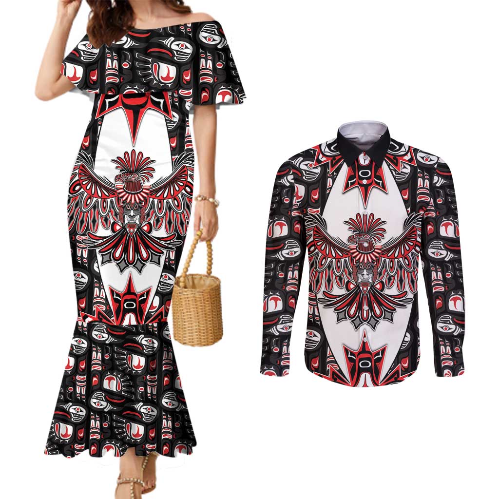 Canada Haida Couples Matching Mermaid Dress and Long Sleeve Button Shirt Thunderbird Northwest Coast Indigenous - Wonder Print Shop