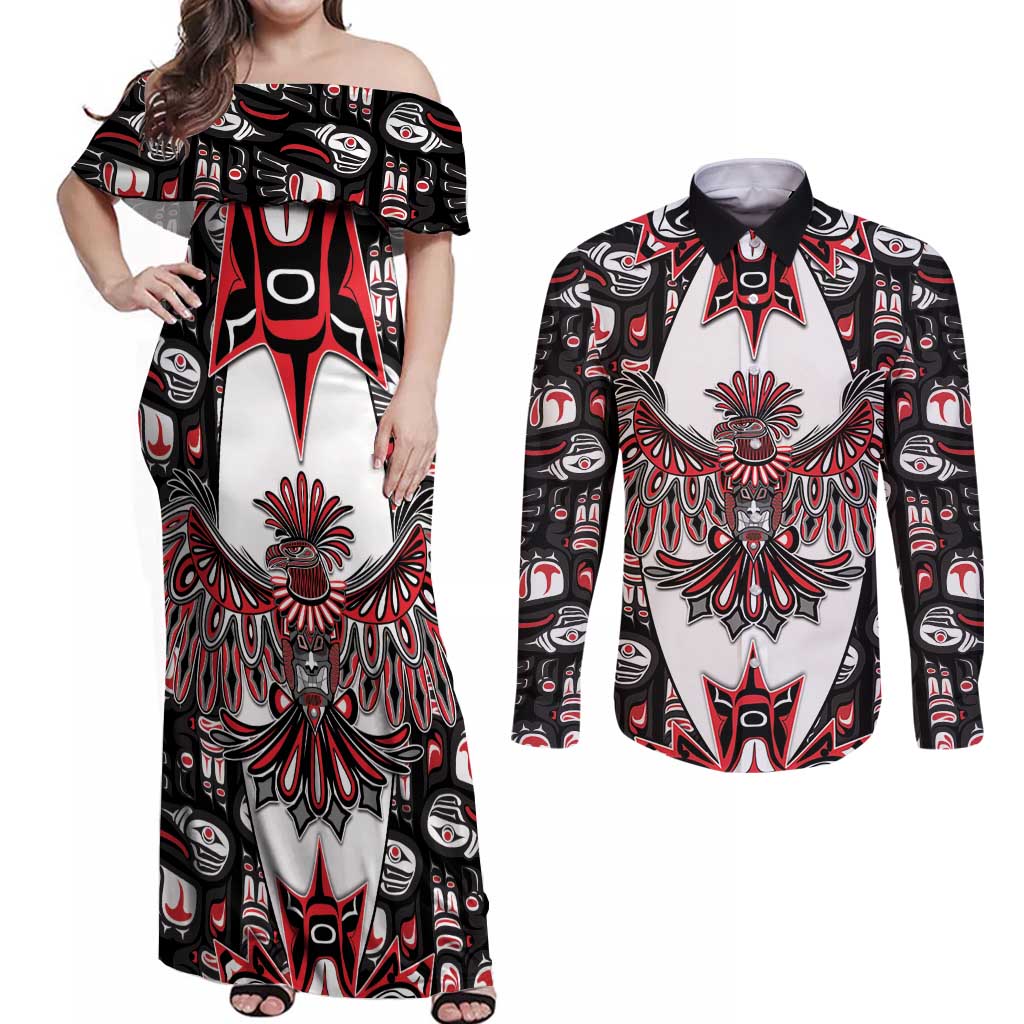 Canada Haida Couples Matching Off Shoulder Maxi Dress and Long Sleeve Button Shirt Thunderbird Northwest Coast Indigenous - Wonder Print Shop