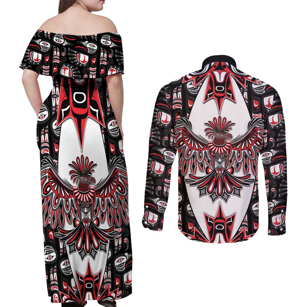 Canada Haida Couples Matching Off Shoulder Maxi Dress and Long Sleeve Button Shirt Thunderbird Northwest Coast Indigenous - Wonder Print Shop