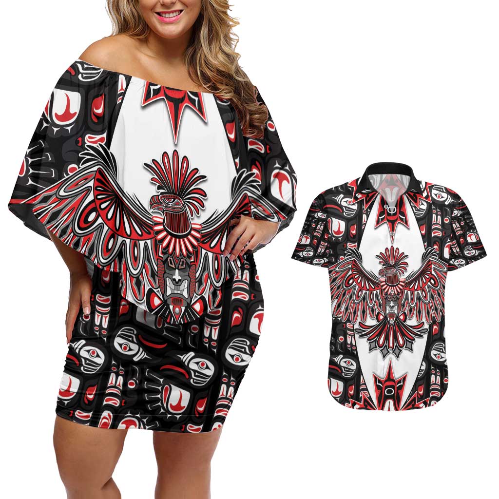 Canada Haida Couples Matching Off Shoulder Short Dress and Hawaiian Shirt Thunderbird Northwest Coast Indigenous - Wonder Print Shop