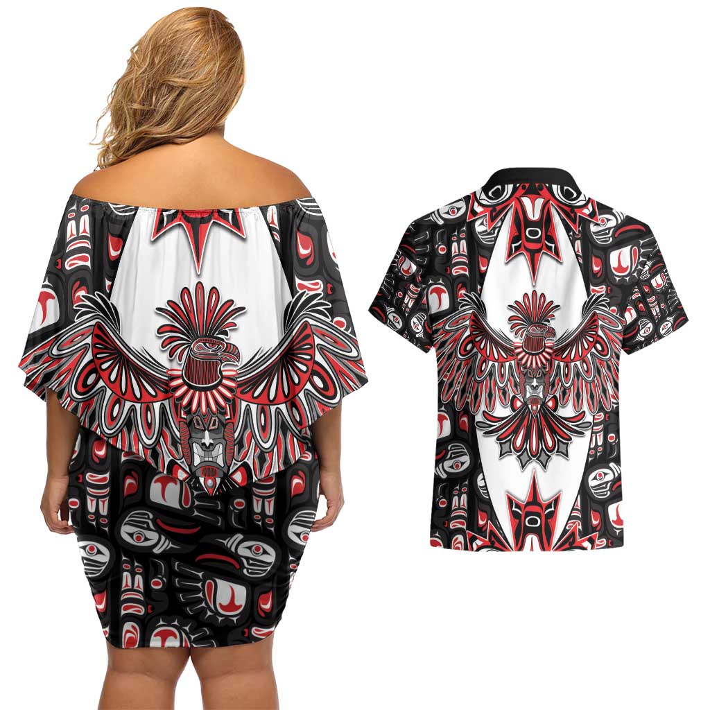 Canada Haida Couples Matching Off Shoulder Short Dress and Hawaiian Shirt Thunderbird Northwest Coast Indigenous - Wonder Print Shop