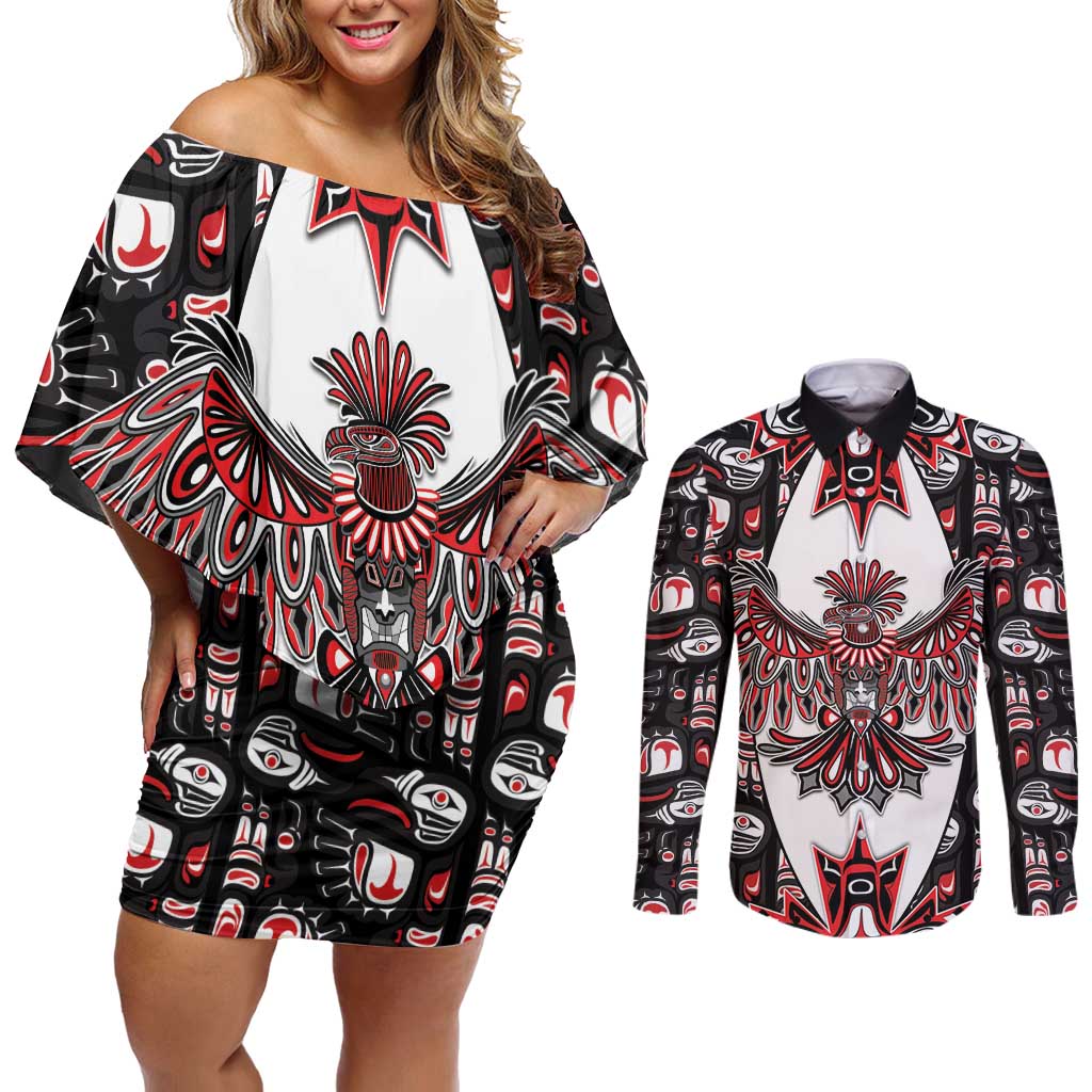 Canada Haida Couples Matching Off Shoulder Short Dress and Long Sleeve Button Shirt Thunderbird Northwest Coast Indigenous - Wonder Print Shop