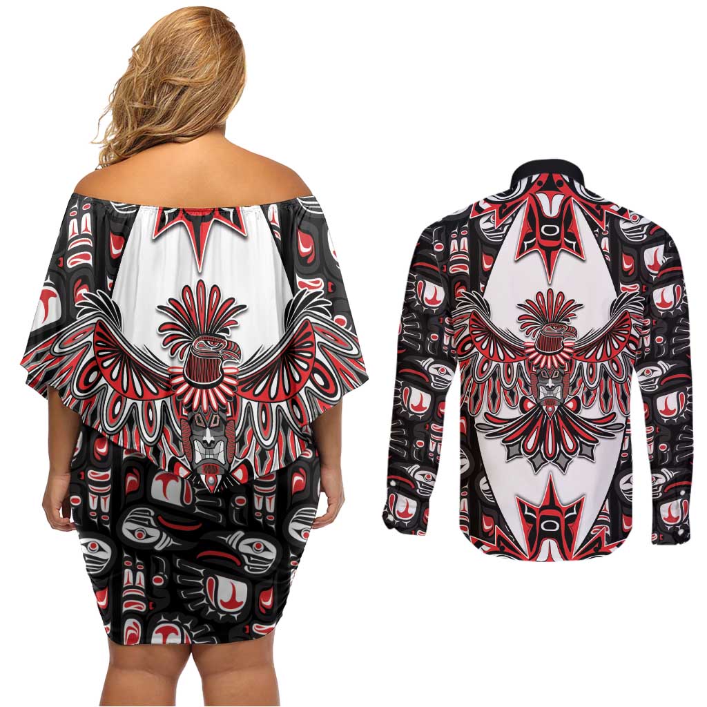 Canada Haida Couples Matching Off Shoulder Short Dress and Long Sleeve Button Shirt Thunderbird Northwest Coast Indigenous - Wonder Print Shop