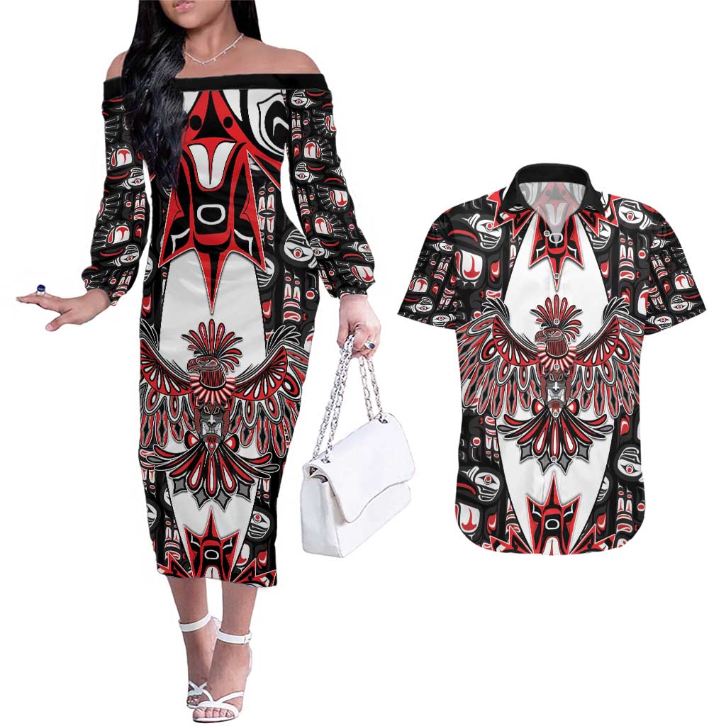 Canada Haida Couples Matching Off The Shoulder Long Sleeve Dress and Hawaiian Shirt Thunderbird Northwest Coast Indigenous - Wonder Print Shop