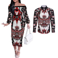 Canada Haida Couples Matching Off The Shoulder Long Sleeve Dress and Long Sleeve Button Shirt Thunderbird Northwest Coast Indigenous - Wonder Print Shop