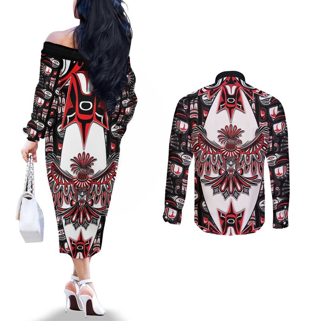 Canada Haida Couples Matching Off The Shoulder Long Sleeve Dress and Long Sleeve Button Shirt Thunderbird Northwest Coast Indigenous - Wonder Print Shop