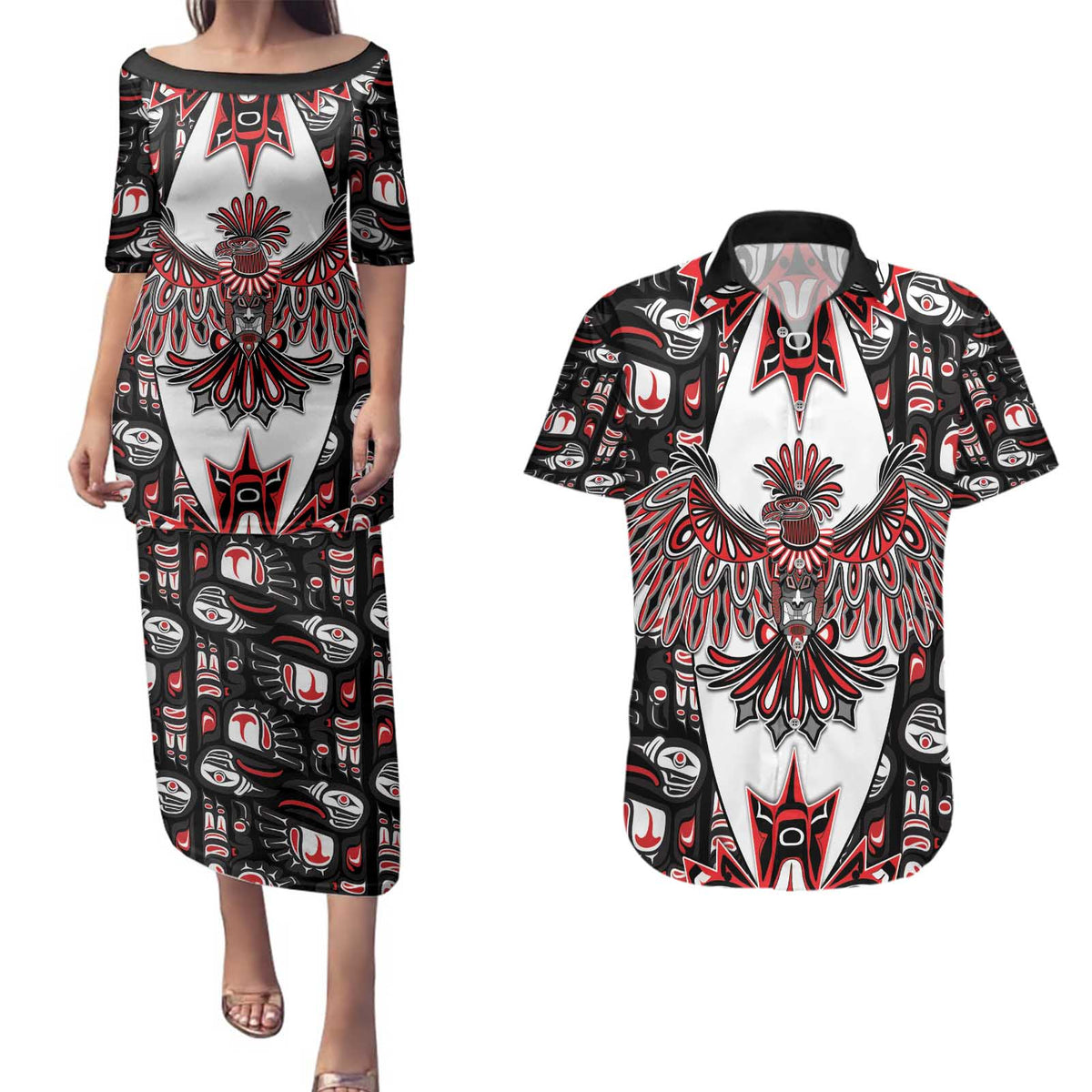 Canada Haida Couples Matching Puletasi and Hawaiian Shirt Thunderbird Northwest Coast Indigenous - Wonder Print Shop