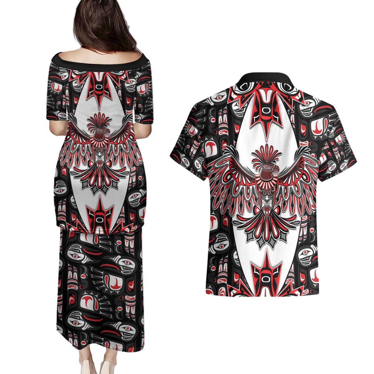 Canada Haida Couples Matching Puletasi and Hawaiian Shirt Thunderbird Northwest Coast Indigenous - Wonder Print Shop