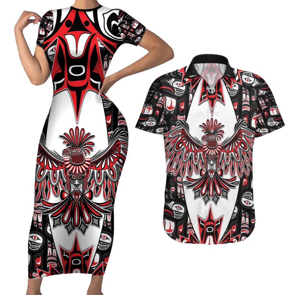 Canada Haida Couples Matching Short Sleeve Bodycon Dress and Hawaiian Shirt Thunderbird Northwest Coast Indigenous - Wonder Print Shop