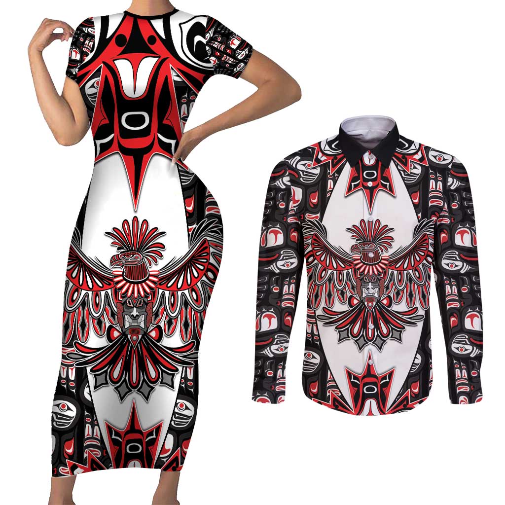 Canada Haida Couples Matching Short Sleeve Bodycon Dress and Long Sleeve Button Shirt Thunderbird Northwest Coast Indigenous - Wonder Print Shop