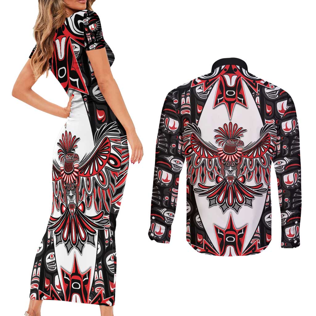 Canada Haida Couples Matching Short Sleeve Bodycon Dress and Long Sleeve Button Shirt Thunderbird Northwest Coast Indigenous - Wonder Print Shop