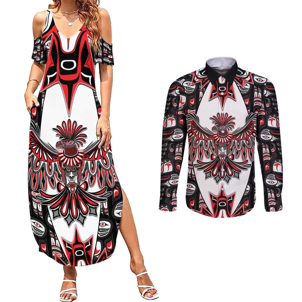 Canada Haida Couples Matching Summer Maxi Dress and Long Sleeve Button Shirt Thunderbird Northwest Coast Indigenous - Wonder Print Shop