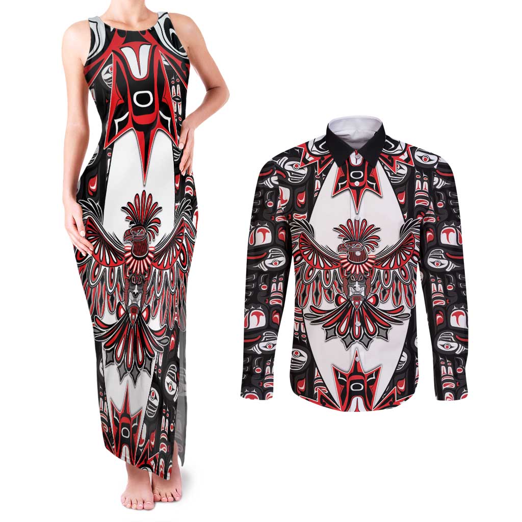 Canada Haida Couples Matching Tank Maxi Dress and Long Sleeve Button Shirt Thunderbird Northwest Coast Indigenous - Wonder Print Shop