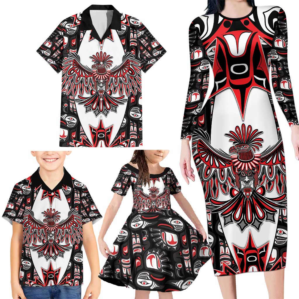 Canada Haida Family Matching Long Sleeve Bodycon Dress and Hawaiian Shirt Thunderbird Northwest Coast Indigenous - Wonder Print Shop