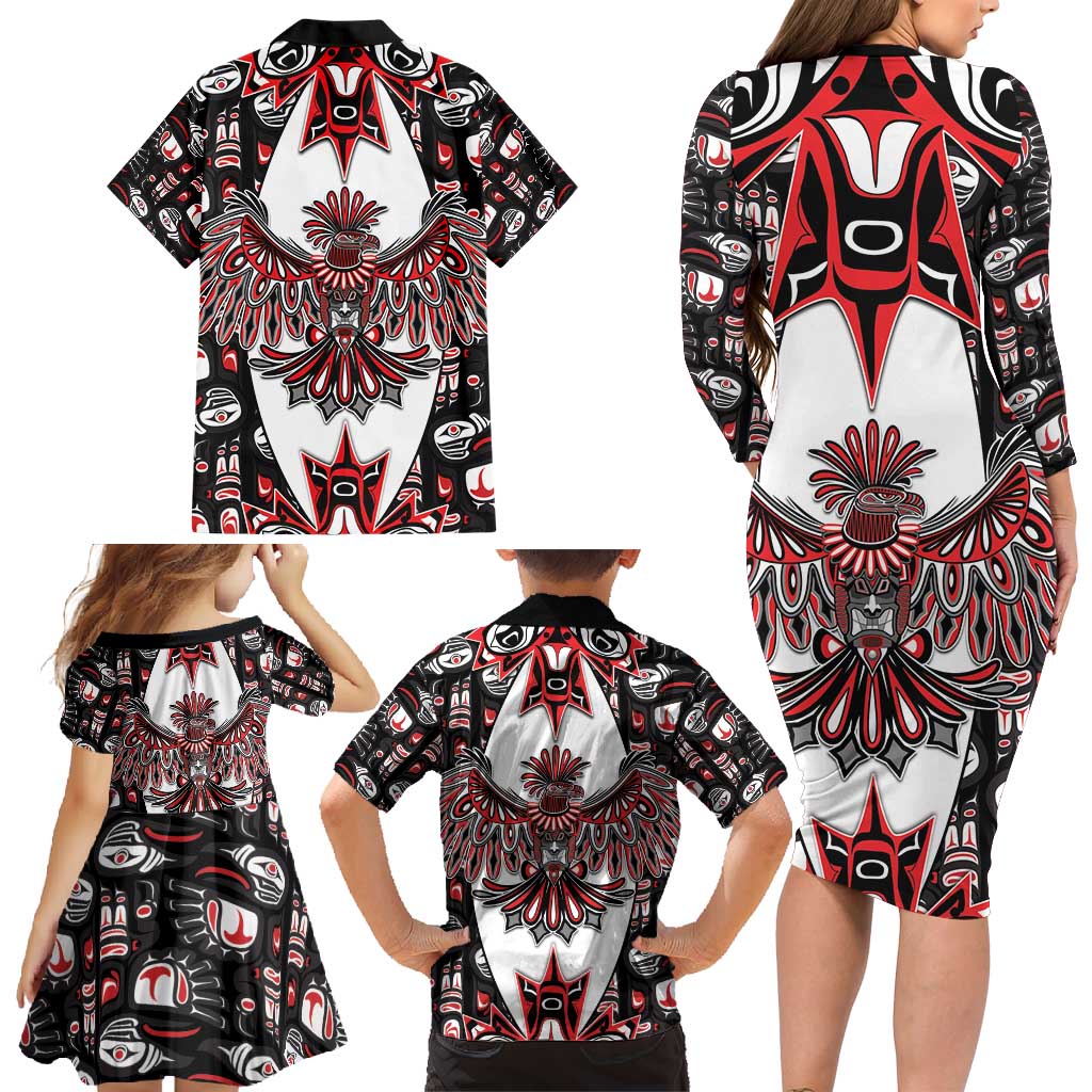 Canada Haida Family Matching Long Sleeve Bodycon Dress and Hawaiian Shirt Thunderbird Northwest Coast Indigenous - Wonder Print Shop