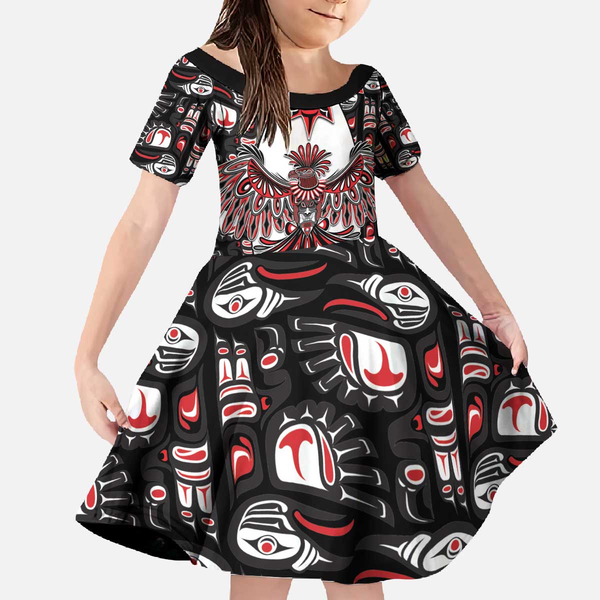 Canada Haida Family Matching Off The Shoulder Long Sleeve Dress and Hawaiian Shirt Thunderbird Northwest Coast Indigenous - Wonder Print Shop