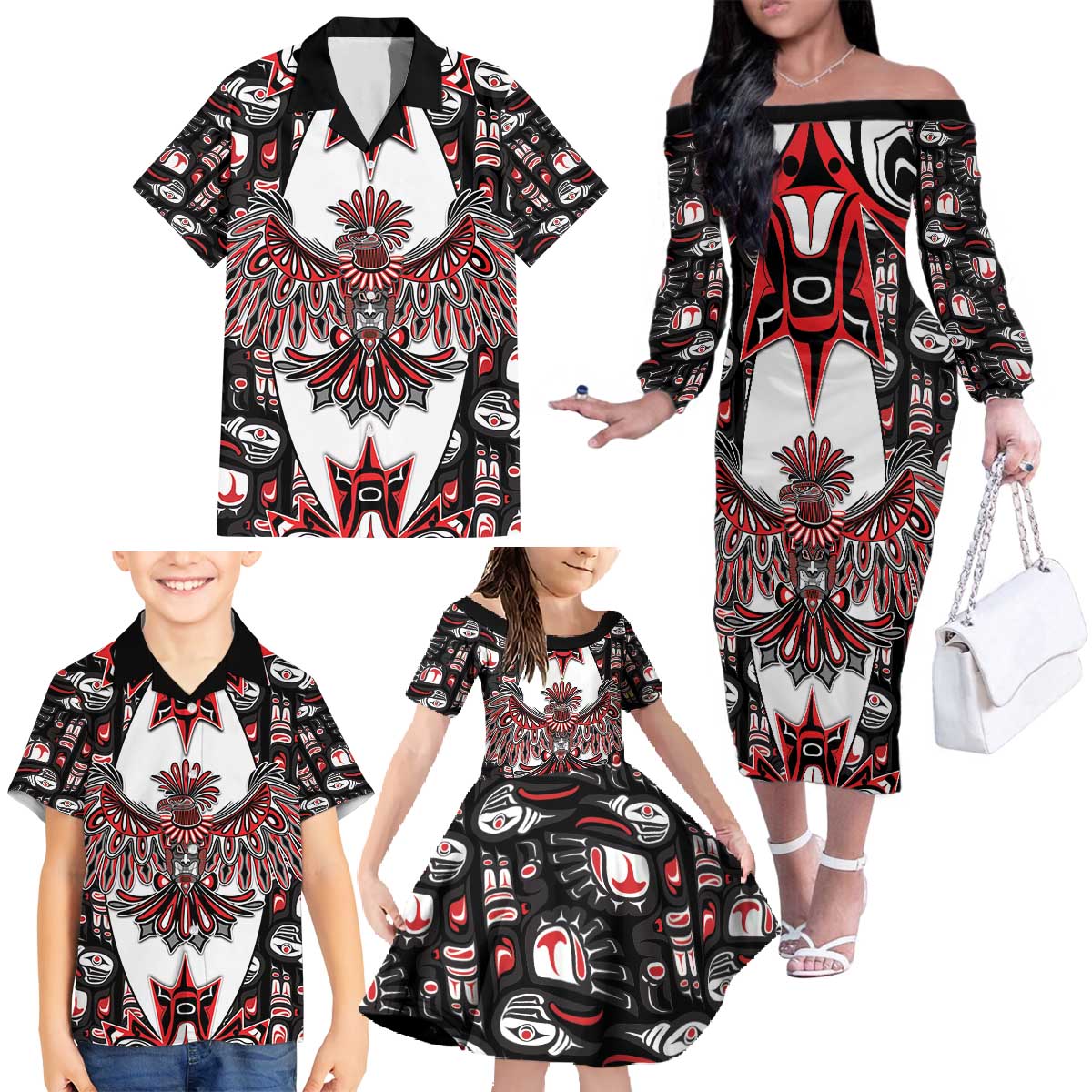 Canada Haida Family Matching Off The Shoulder Long Sleeve Dress and Hawaiian Shirt Thunderbird Northwest Coast Indigenous - Wonder Print Shop