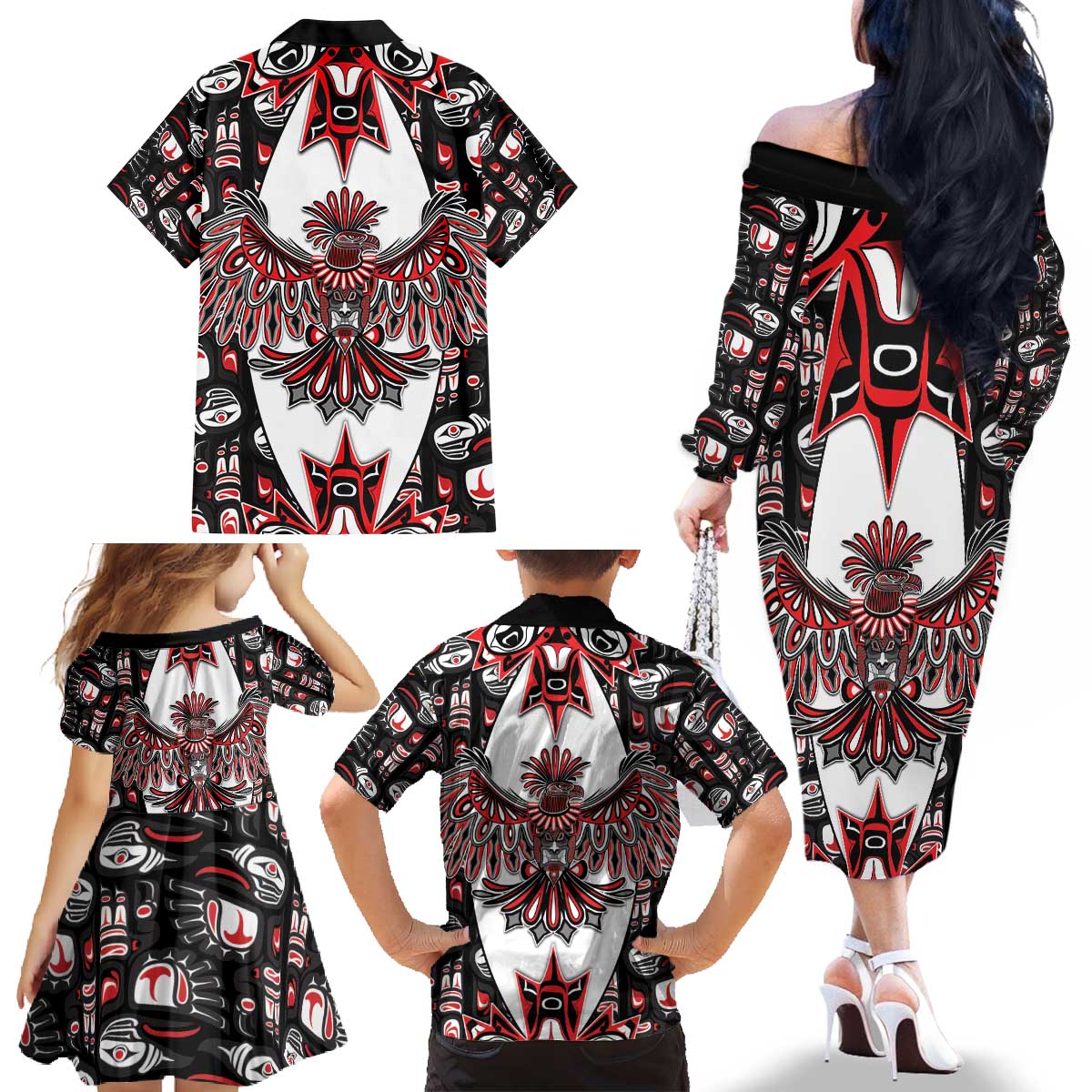 Canada Haida Family Matching Off The Shoulder Long Sleeve Dress and Hawaiian Shirt Thunderbird Northwest Coast Indigenous - Wonder Print Shop
